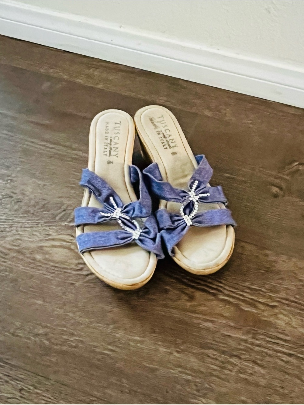Blue Suede Slide Sandals with Rhinestone Detail